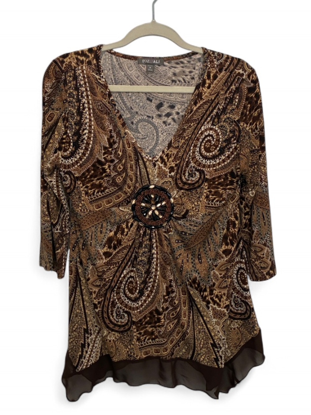 Roz & Ali Brown Paisley V-Neck Tunic with Jewel Medallion